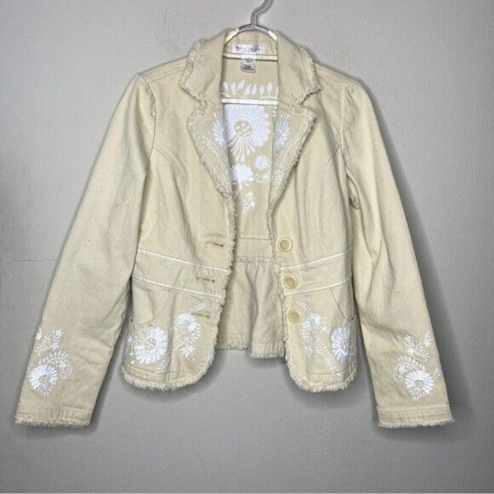 WHBM Women 4 Embroidered Fringed Cream Cotton Denim Collared Boho Blazer
